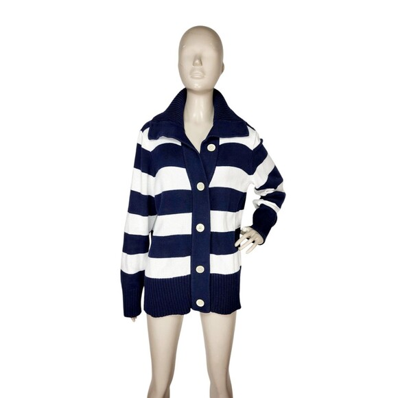 Chaps Navy Blue White Striped Knit Collared Cardigan Sweater Women's Size 2X - Picture 2 of 10